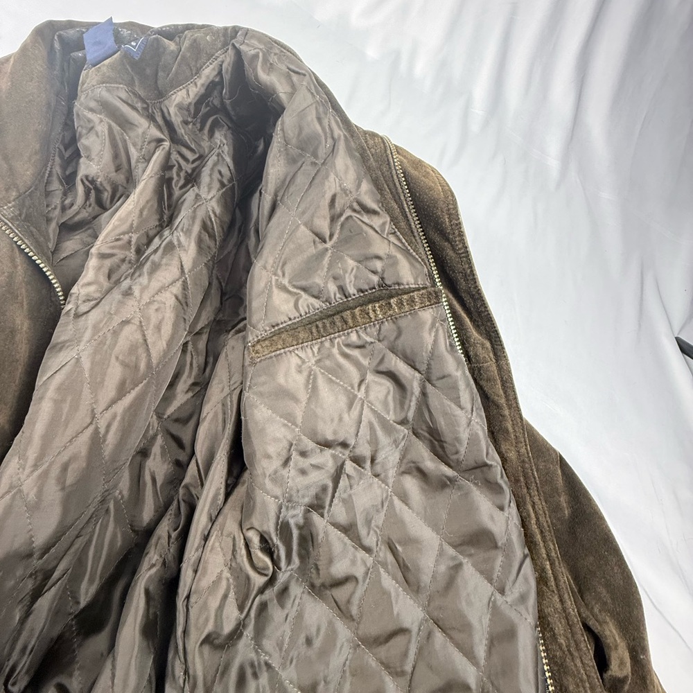 Men's Olive Green/Brown Suede Leather Jacket Quilted Nylon Interior - Picture 5 of 7